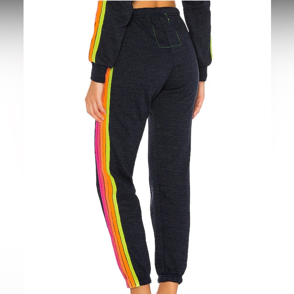 AVIATOR NATION 5 STRIPE SWEATPANTS HEATHER NAVY/NEON RAINBOW SMALL - Picture 5 of 13